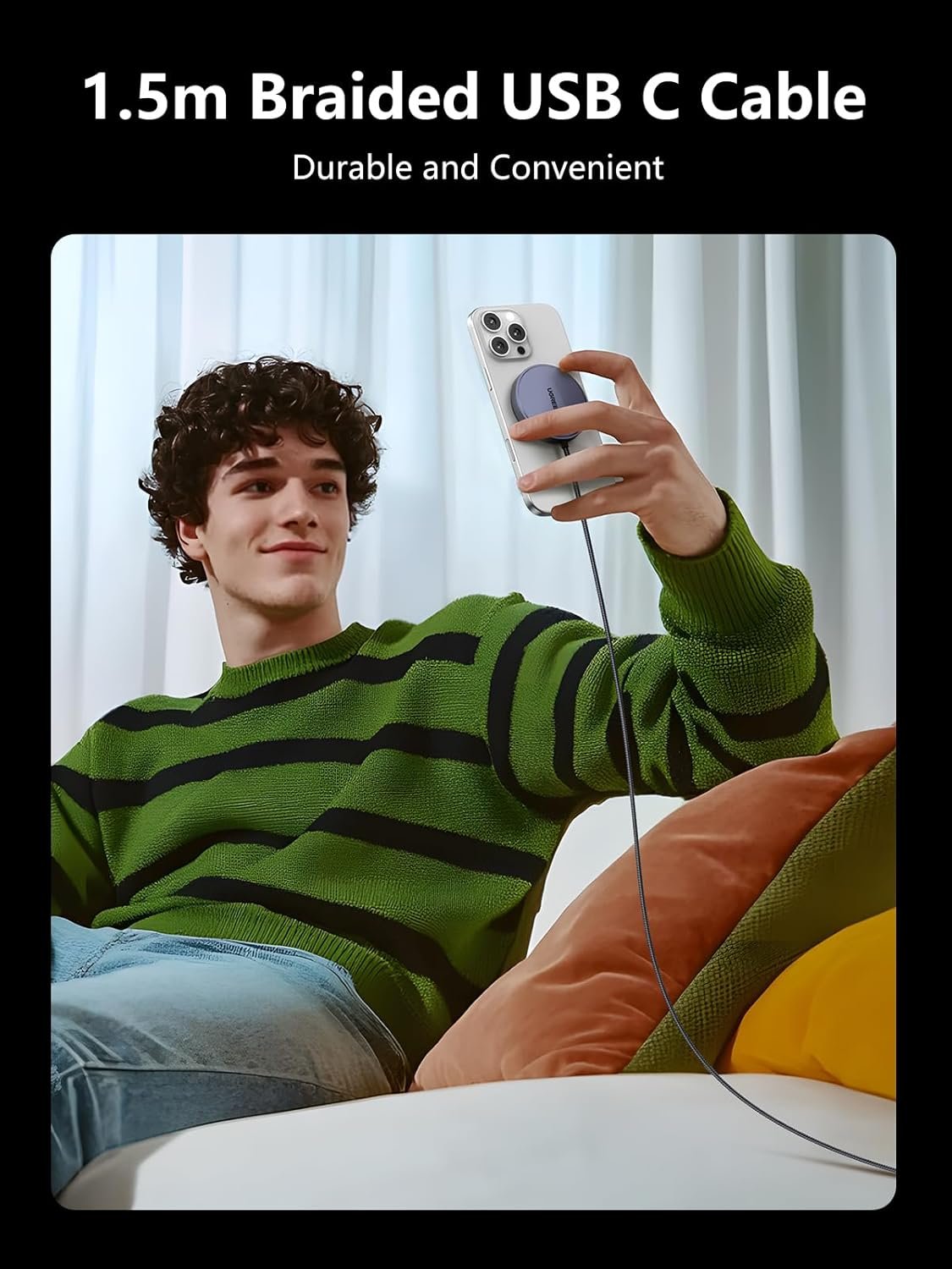 UGREEN MagFlow Qi2 15W Wireless Charging Pad, Wireless Charger MagSafe Compatible, Magsafe Charger with 1.5 m Cable, for iPhone 16/15/14/13/12 and AirPods