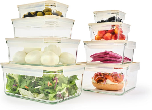 GLASSLOCK Sens 16Pcs Glass Food Storage Set â€“ Airtight & Leakproof, 8 Different Sizes, Anti Slip Lid, Microwave & Oven Safe, Perfect for Meal prep, Lunch Box, Nestable & Stackable, Pantry Storage