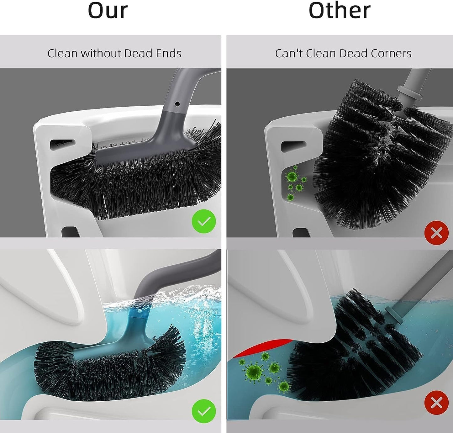 HAMITOR Toilet Brush and Holder Set: Curved Design Bathroom Toilet Bowl Cleaner Brush for Deep Cleaning Under Rim- Flexible Bristles Toilet Scrubber with Long Handle- Modern Travel RV Tools- Gray