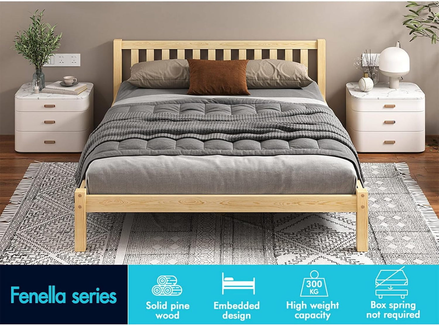ALFORDSON Bed Frame Queen Wooden Bed Base with Solid Wood Pine Timber Slats, Mattress Base Platform Support, Oak Bed Foundation with Storage Space, Fenella Series Home Bedroom Furniture