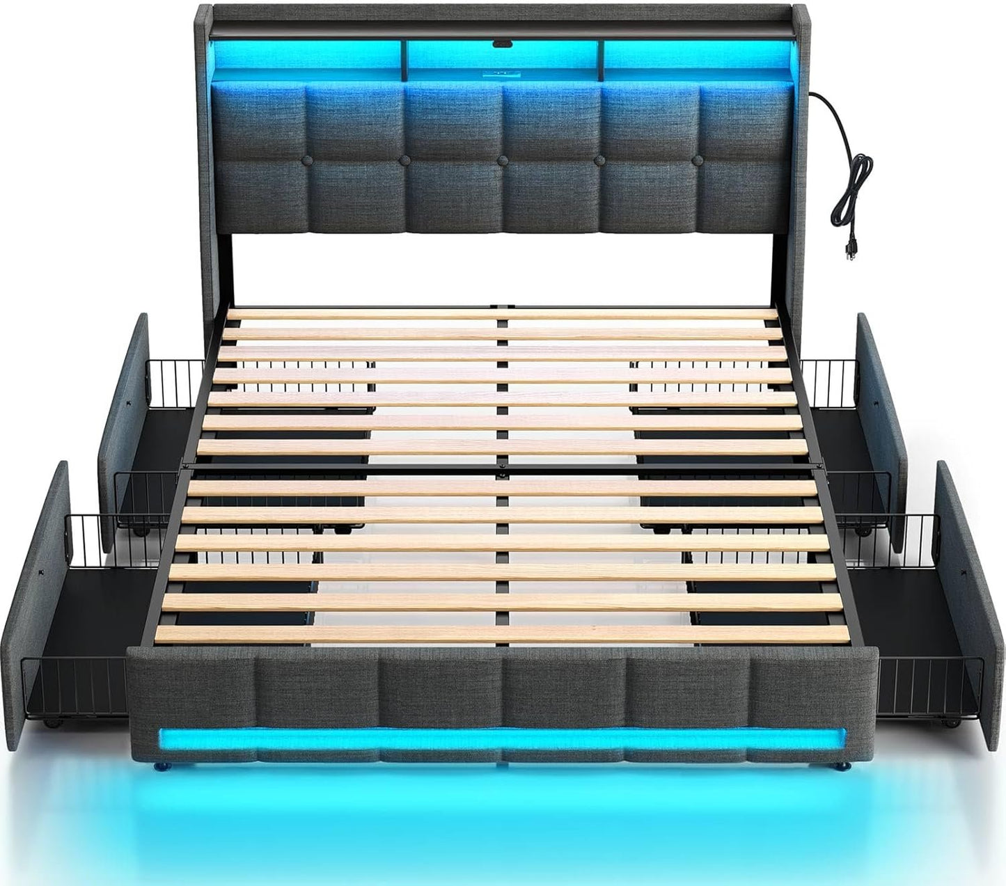 Rolanstar Queen Bed Frame with 4 Storage Drawers, Charging Station and LED Lights, Upholstered Platform Bed Storage Headboard, Heavy Duty Wooden Slats, No Box Spring Needed, Noise Free, Easy Assembly