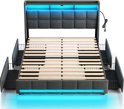 Rolanstar Queen Bed Frame with 4 Storage Drawers, Charging Station and LED Lights, Upholstered Platform Bed Storage Headboard, Heavy Duty Wooden Slats, No Box Spring Needed, Noise Free, Easy Assembly