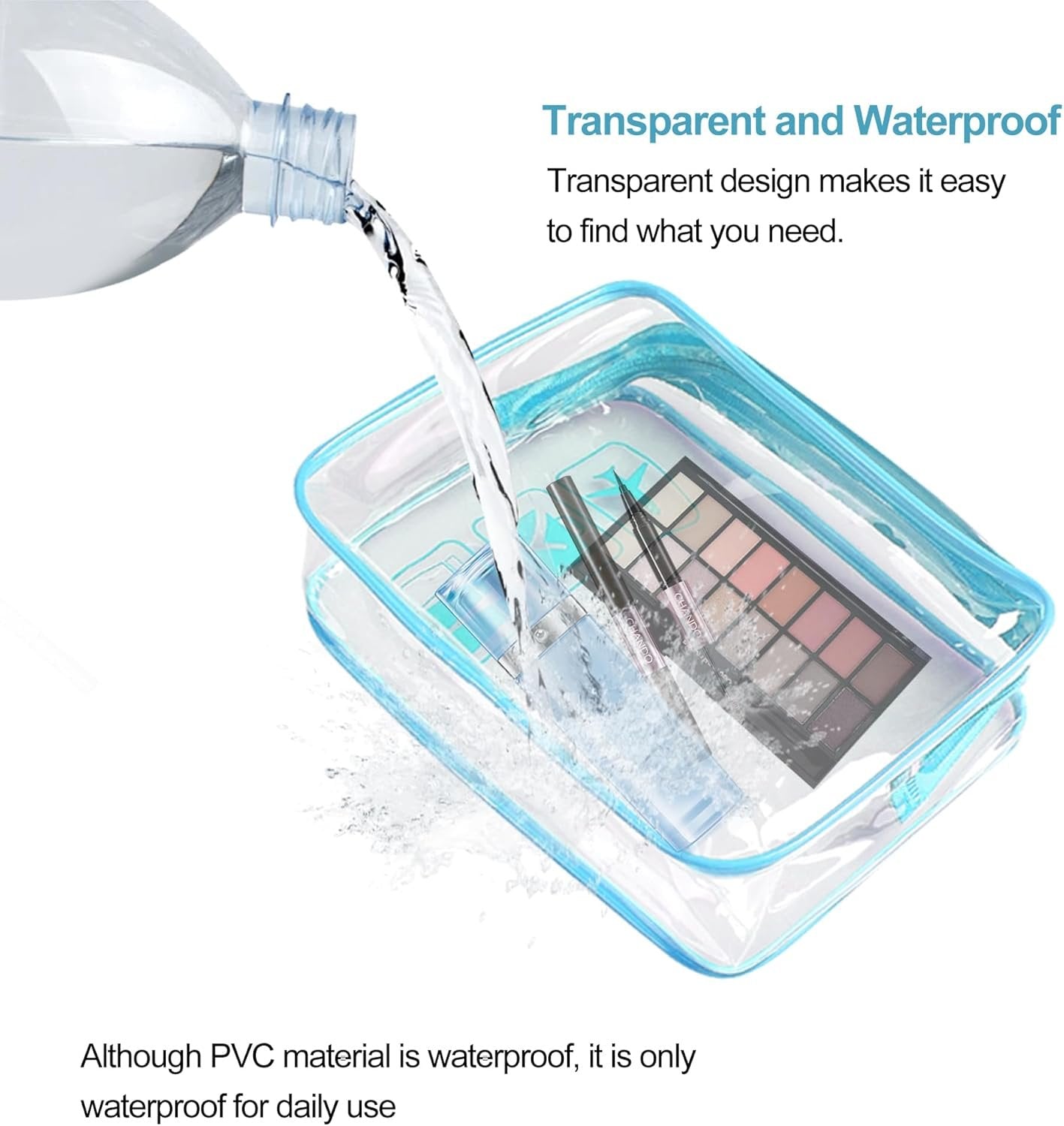 TECDW Clear Travel Toiletry Bag, 2PCS TSA Approved Airport Security Liquids Bags19.5x6cm, 1L Leakproof Clear Makeup Bags, Transparent Travel Wash Bag Holiday Essentials Luggage for Men Women (blue)
