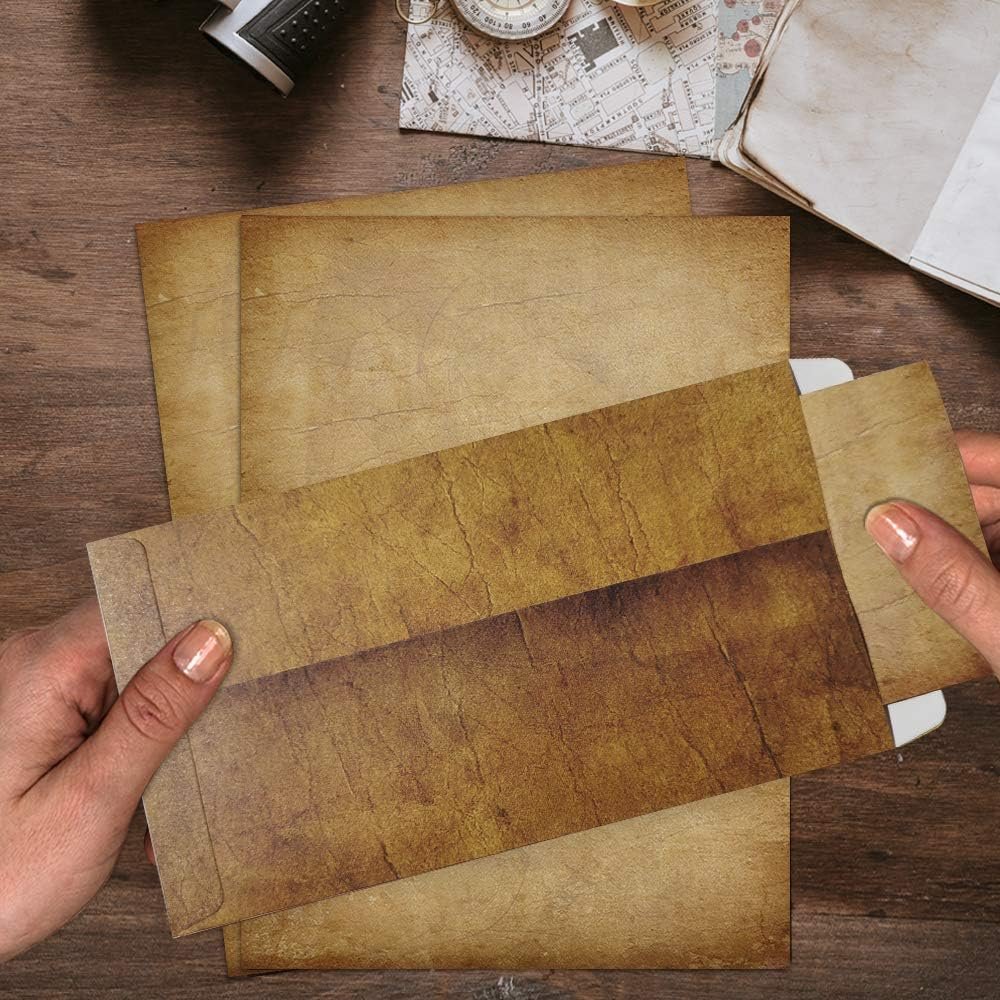 Paper Master 48 Pack Antique Stationary and Envelopes Set - 8.5inch x 11inch Double Sided Parchment Writing Old Fashioned Design & Printer Friendly Invitations, Scrapbook 8.5-x-11-Inch