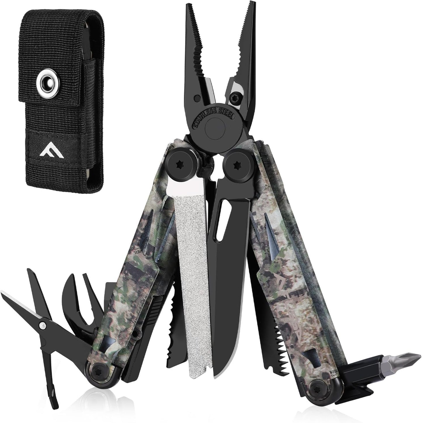 FLISSA 15-in-1 Multitool Pocket Knife with Sheath, Durable Stainless Steel Multi Tool Pliers for Men, Camo All-in-One Tool