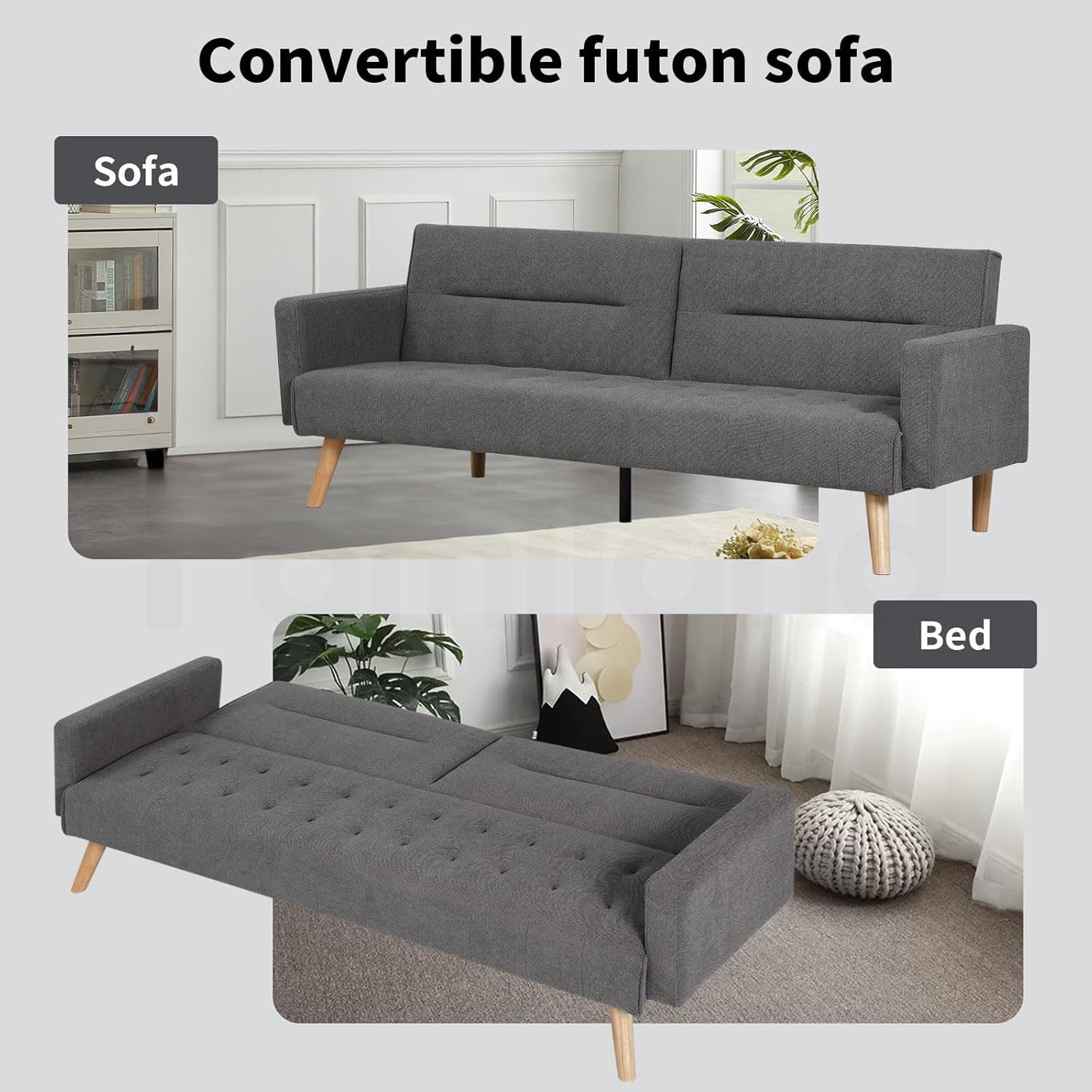 Familand 3 Seater Convertible Futon Sofa Bed, Linen Loveseat Sofa Couch, Recliner Sofa Lounge with 3 Adjustable Backrest, Comfy Couch for Small Spaces, Living Room, Bedroom,Load Up to 300kg,Grey