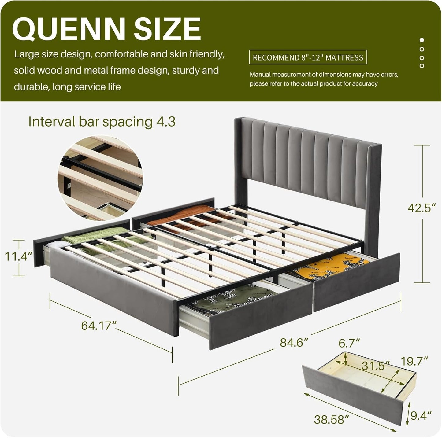 YUHUASHI Upholstered Queen-Size Platform Bed Frame with 4 Storage Drawers and Headboard, Velvet Upholstery with Wooden Slats Support, No Box Spring Required (Grey, Queen)