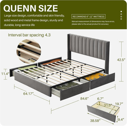 YUHUASHI Upholstered Queen-Size Platform Bed Frame with 4 Storage Drawers and Headboard, Velvet Upholstery with Wooden Slats Support, No Box Spring Required (Grey, Queen)