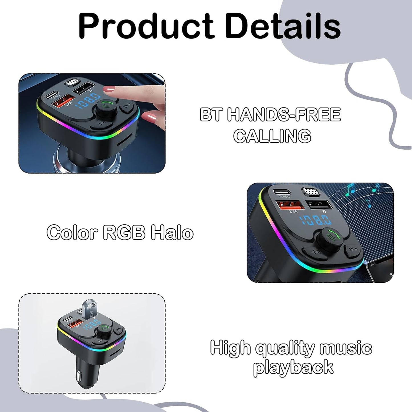 Bluetooth 5.3 FM Transmitter for Car, QC3.0 & PD 20W Bluetooth Car Aux with 2 USB and 1 Type-C Ports, Handsfree Calling Adapters