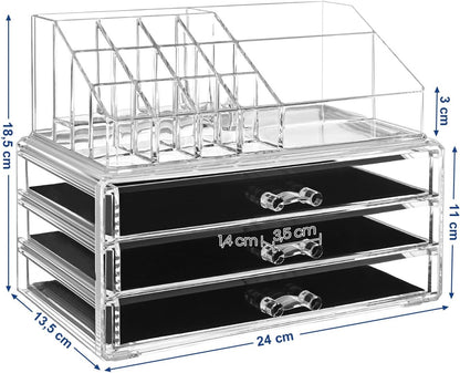 Songmics acrylic Cosmetic Organiser Drawer Box with nail polish stand lipstick holder (3 drawers)