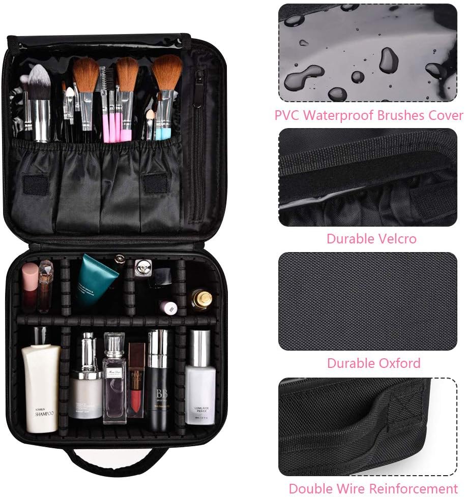 SlowTon Makeup Bag Organizer, Travel Cosmetic Bag with Adjustable Dividers, Portable Storage Case for Cosmetics Makeup Brushes Toiletry Jewelry Digital Accessories(Black,M)