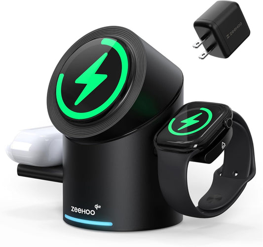 ZEEHOO 3 in 1 Charging Station for Apple Devices, Magnetic Charger Stand, Qi2 15W Auto-Rotating Wireless Charging Station for iPhone 16/15/14/13/12 Series& AirPods& iWatch(30W Charger Included)