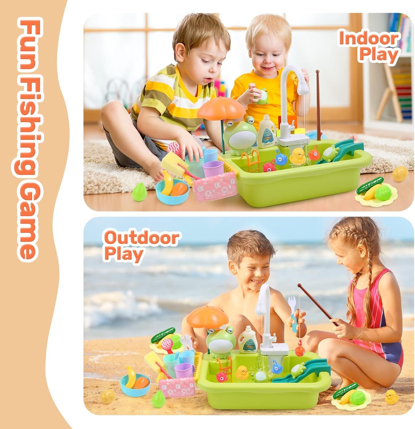 CUTE STONE Play Sink with Running Water, Kitchen Sink Toys with Upgraded Electric Faucet, Play Kitchen Toy Accessories, Pool Floating Fishing Toys for Water Play, Kids Role Play Dishwasher Toy