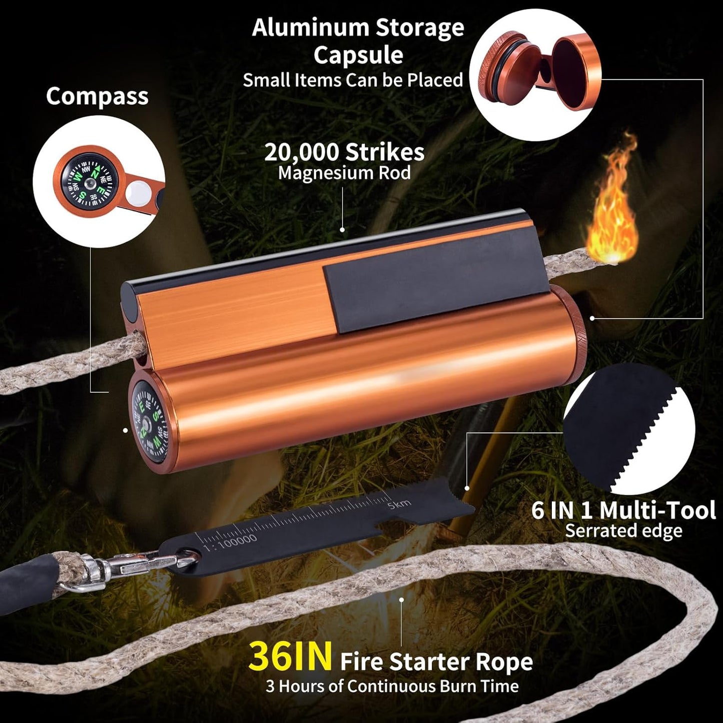 Fire Starter with Compass,Survival Tool Fire Starter Kit,Waterproof Tinder Wick Rope Fire Starter,All-Weather Magnesium Ferro Rod Fire Starter