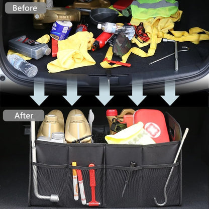 Car Trunk Organizer, Collapsible Two Compartment Car Storage with Reinforced Handles, Large Capacity Trunk Groceries Organizer, Auto Accessories Universal for Vehicle, Truck, Sedan (Black)