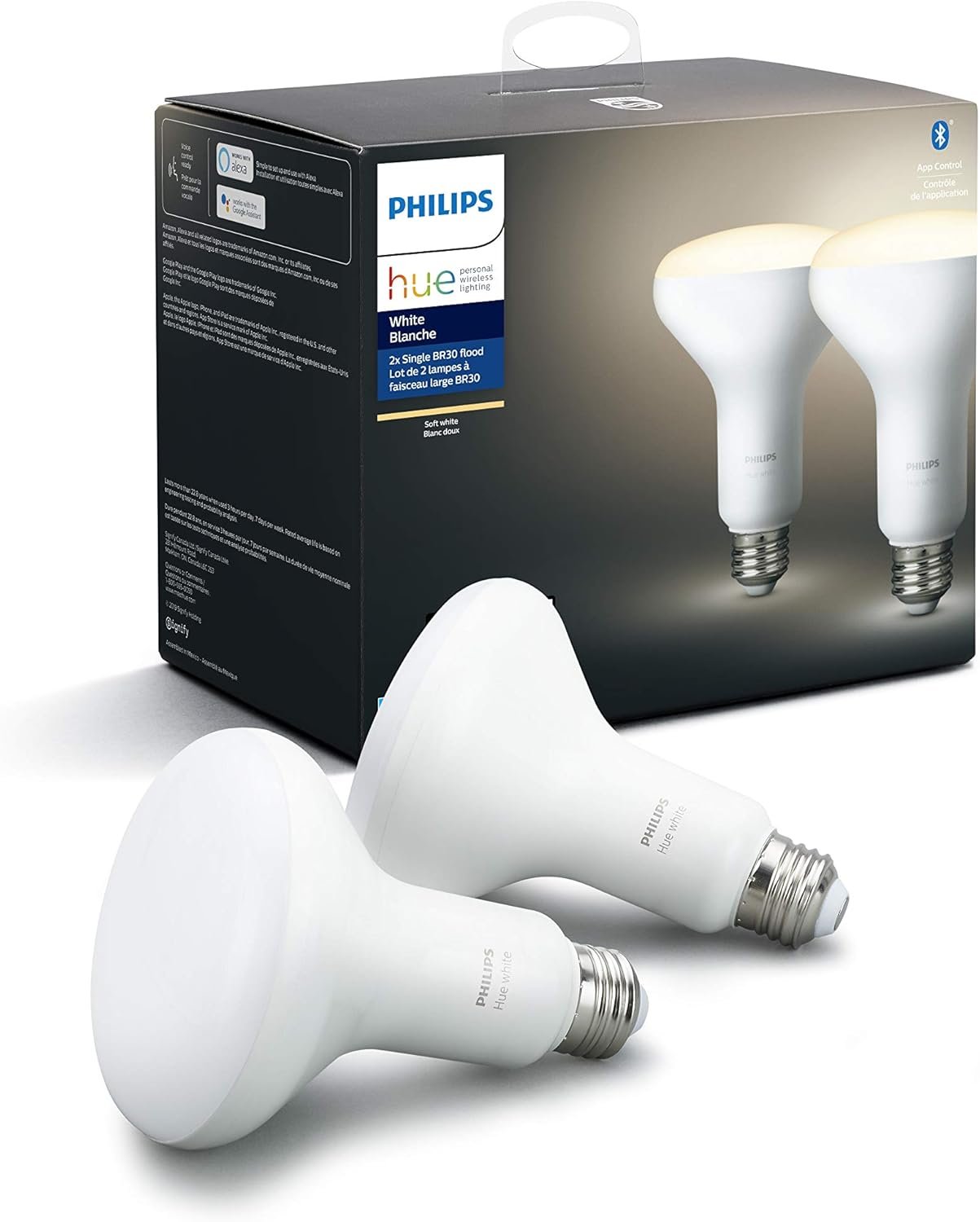 Philips Hue White 9W Equivalent 65W BR30 Base E26 LED Smart Bulb, Dimmable, Bluetooth & Zigbee Compatible, Voice Activated with Alexa, for Recessed Cans and Downlights, 2-Pack
