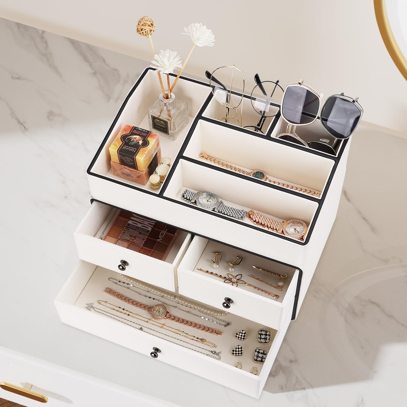 GORESE Cosmetic Organizer, 2 Shelves 3 Drawers Leather Makeup Organizer Make Up Makeup Holder Desk Organizer Bathroom Organizer for Bedroom, Bathroom, Dressing Table(White)