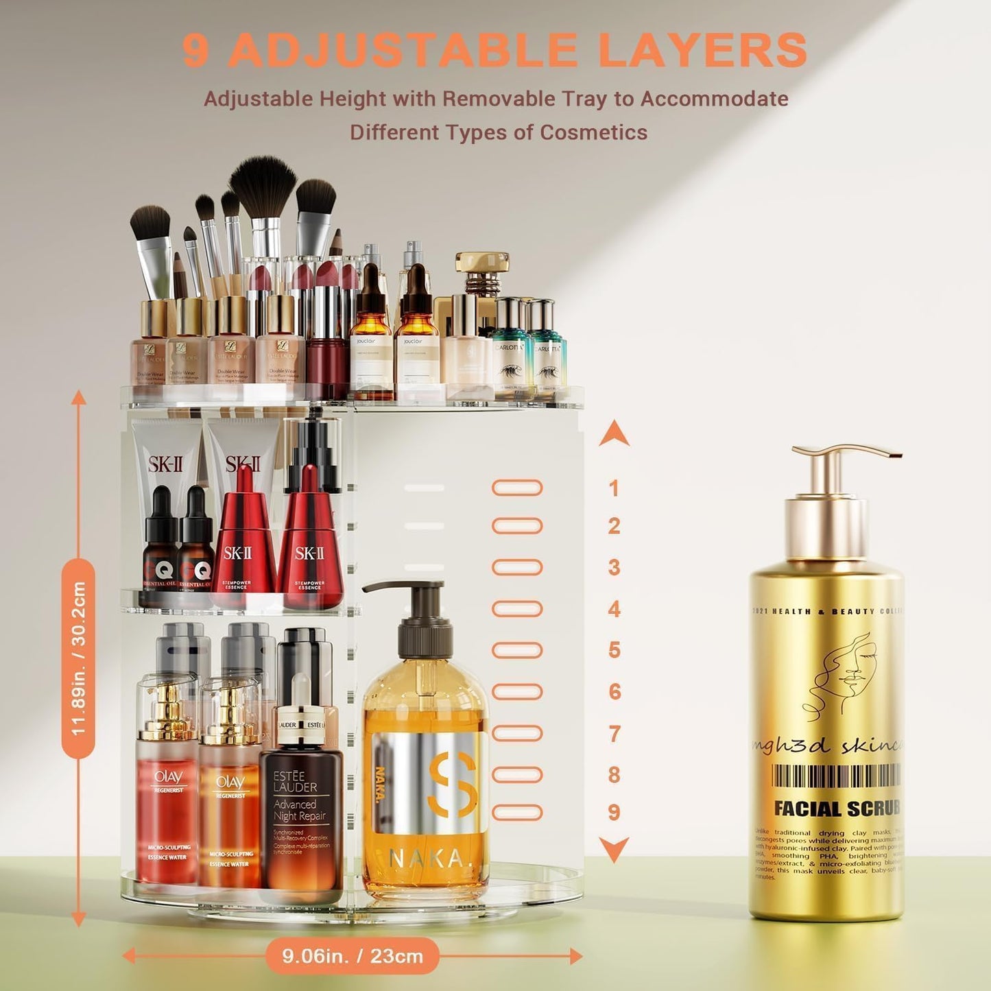 Auxmir 360° Rotating Makeup Holder, Multifunctional Makeup Organizer, Cosmetic Organizer 9 Adjustable Shelves, Large Capacity, Suitable for Cream Perfume Makeup Brushes (Transparent)