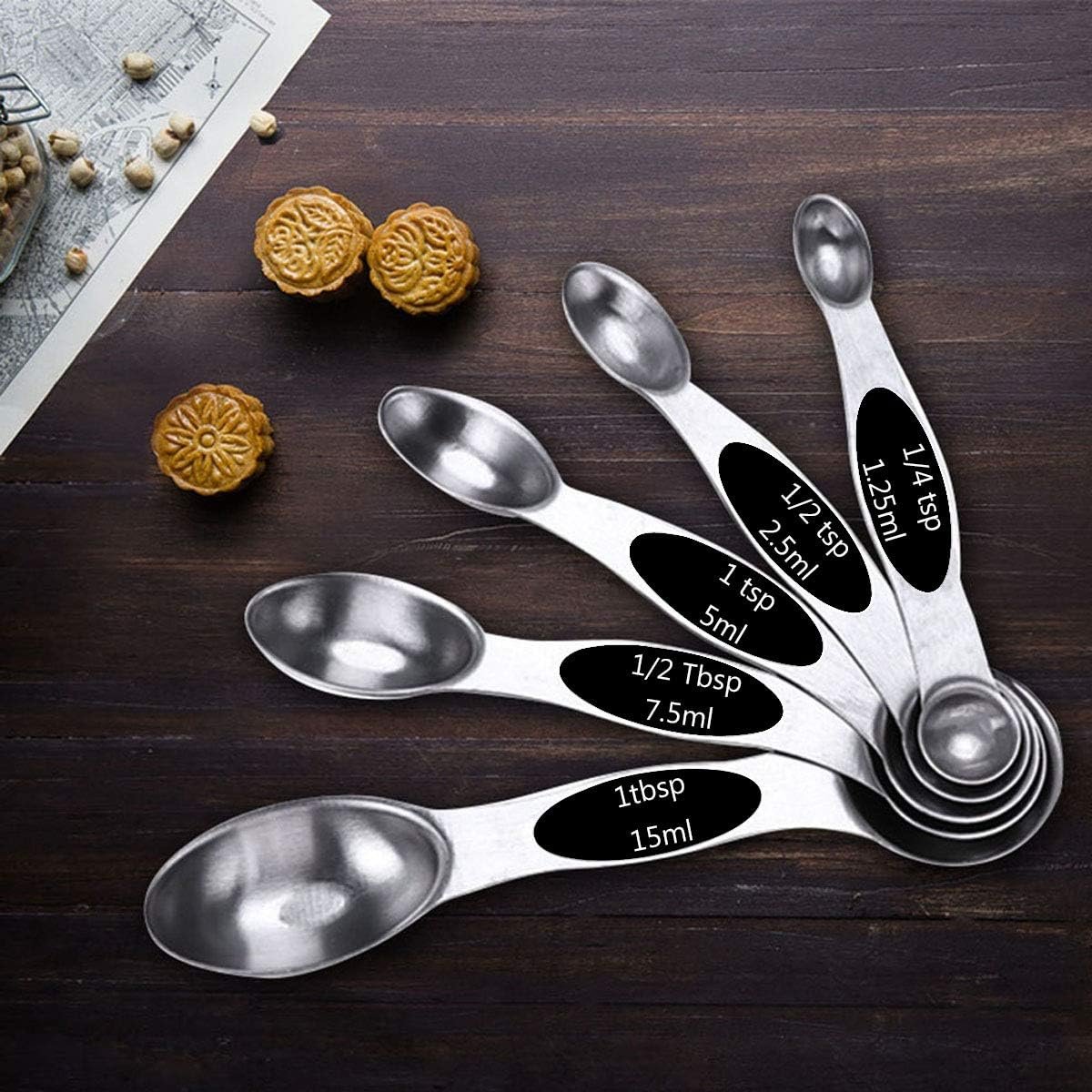 DILISS Magnetic Measuring Spoons Set, Dual Sided, Stainless Steel, Fits in Spice Jars, Set of 8 for Measuring Dry and Liquid Ingredients (Black)