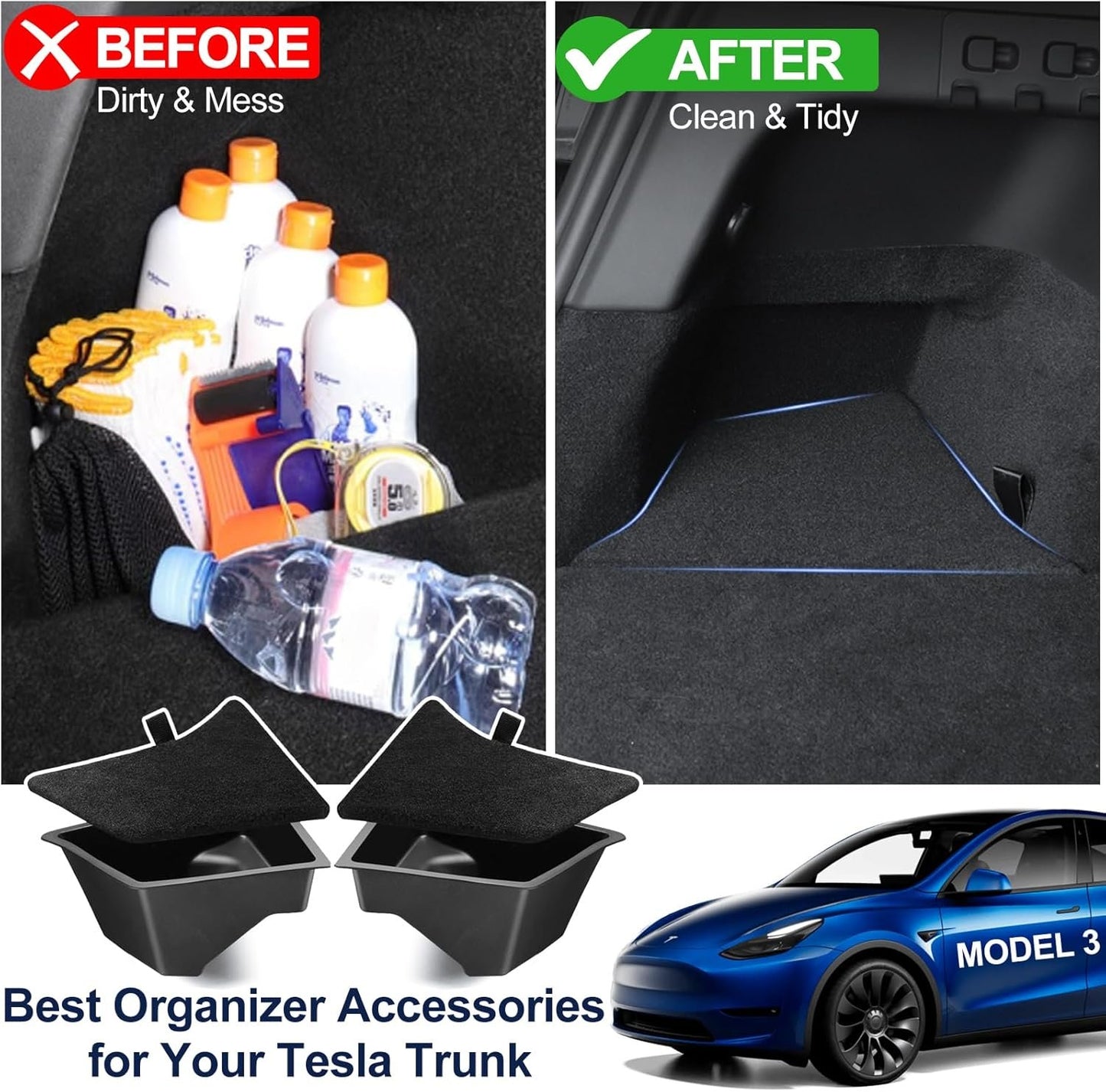 Car Trunk Organizer for Tesla Model 3 Highland 2025 2024, 2-Pack Rear Trunk Storage Boxes with Lids, TPE Waterproof Trunk Side Packets Tray Storage Bins Accessories