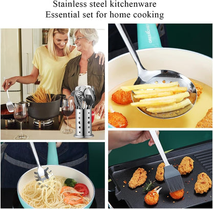 ReaNea 40 Pcs Stainless Steel Kitchen Utensil Set with Utensil Holder, Kitchen Gadgets, Metal Spatula Set