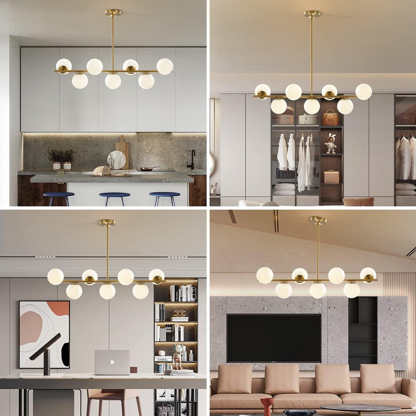 KCO Modern Gold Chandeliers Brushed Brass Ceiling Pendant Light Globe Glass Hanging Light for Dining Room Living Room Bedroom (7-Light)