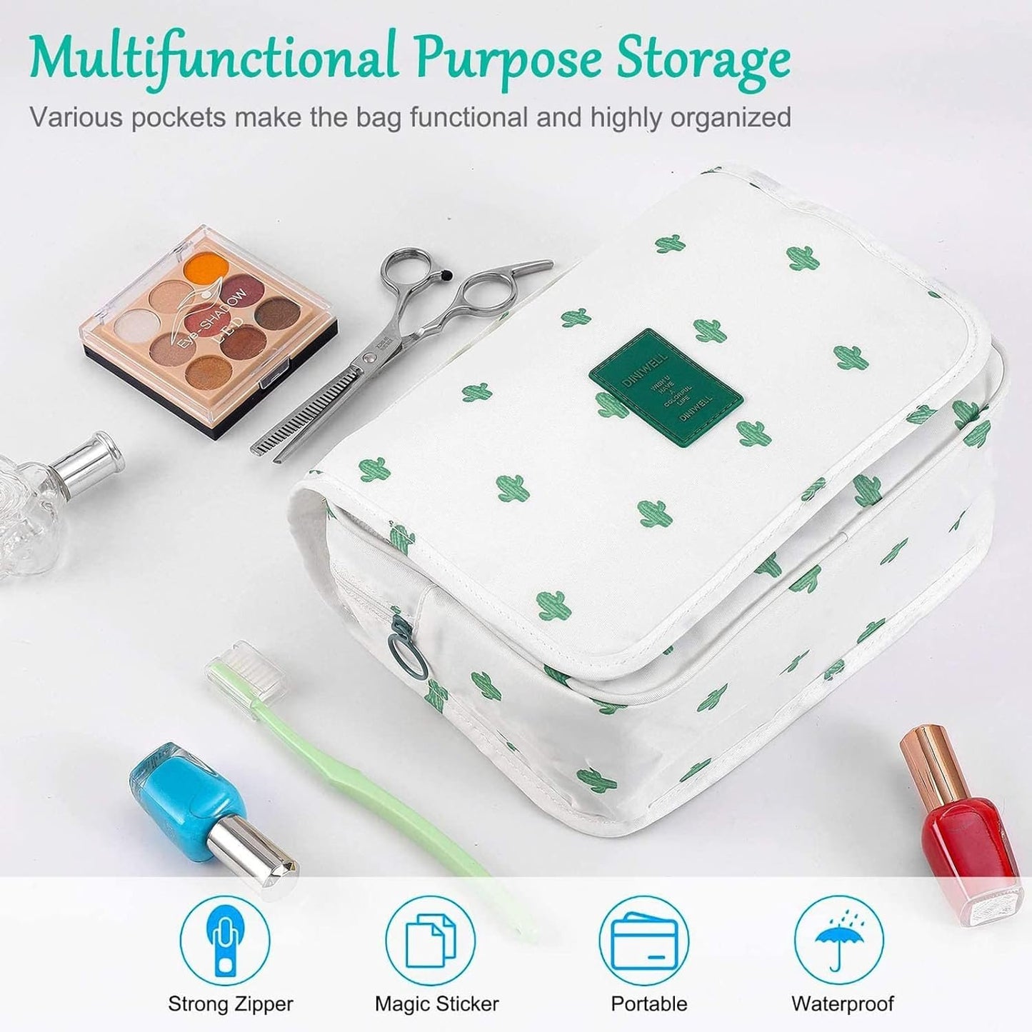 SxoSyo Toiletry Bag for Women Hanging Travel Bag for Toiletries Large Capacity Travelling Accessories Makeup Bags Organizer Cosmetic Bag Waterproof Bathroom Bag, Cactus White, Small, Portable Handle