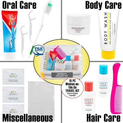 Womenâ€™s Travel Toiletry Bag with Supplies, 15 Piece Travel Size TSA Compliant Oral Care and Grooming Essentials Kit, 15 Piece Kit, Travel Kit