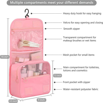 JCZD Hanging Toiletry Bag, Travel Wash Bag for Women Portable Folding Cosmetic Organizer Large Capacity Girls Makeup Bag Waterproof Shower Bag with Separate Compartment (Pink)