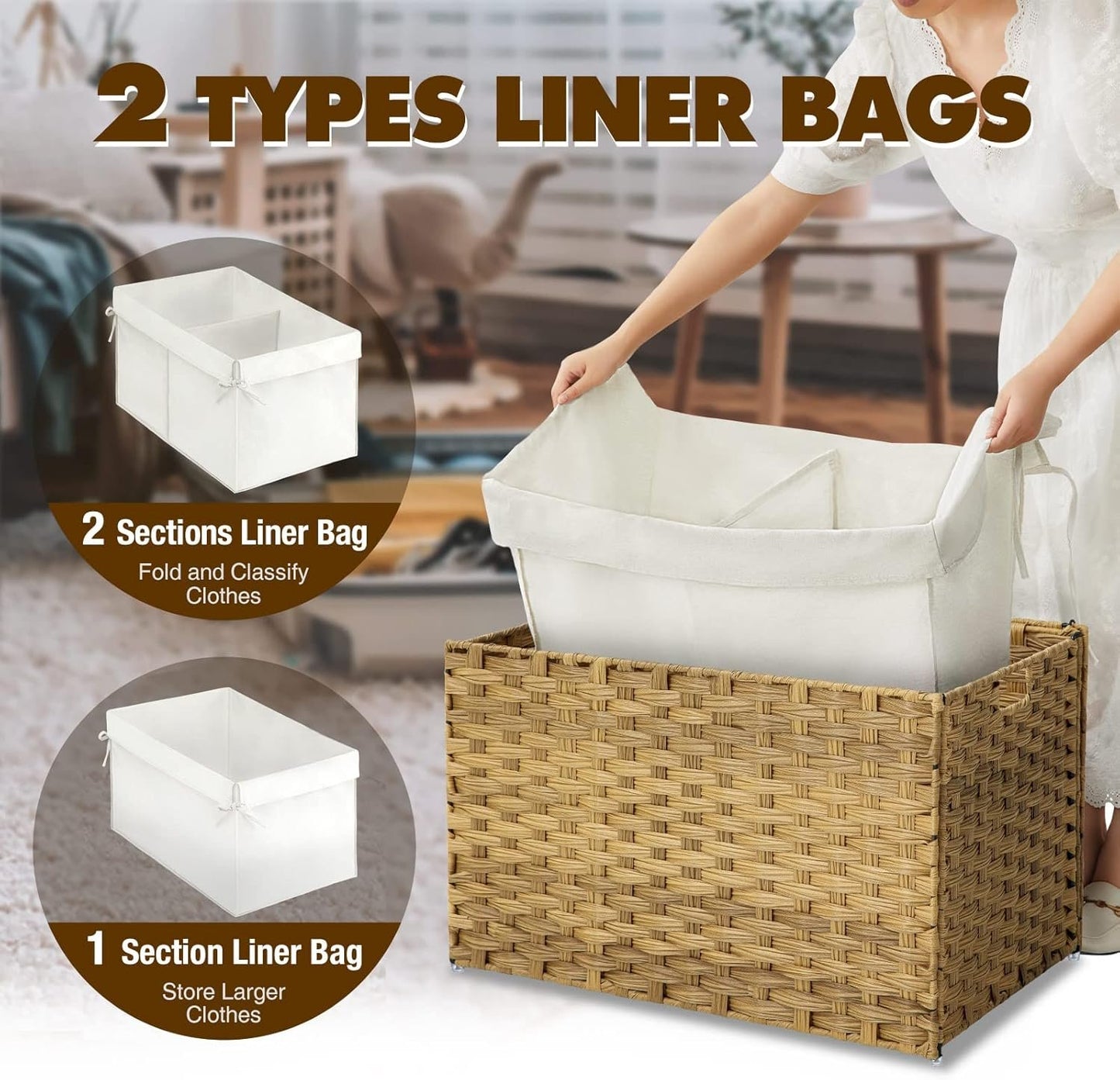 Greenstell Storage Basket with Lid, 105L Handwoven Large Shelf Basket with Cotton Liner and Metal Frame, Foldable & Easy to Install, Storage Box Basket Bin with Handle for Bedroom, Laundry Room