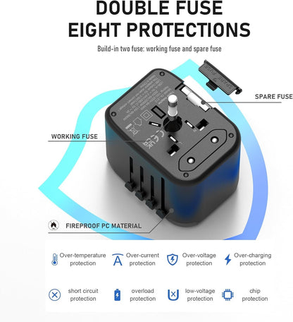 VYLEE Universal International Power Travel Plug Adapter, 5 in 1 European Travel Plug Adapter W/ 3.5A 2xUSB-A and 2xUSB C Wall Charger and Worldwide AC Outlet for Europe USA UK AUS Asia (Black Grey)