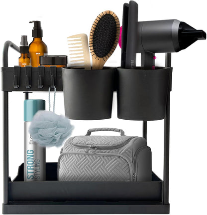 Hair Organizer , Hair Tools Organizer ABS Plastic with 2 Levels to Organize , Sliding Basket for Easy Access , Organizer for Straightener , Blow Dryer , Curler , Hair Care and Styling Tool Storage