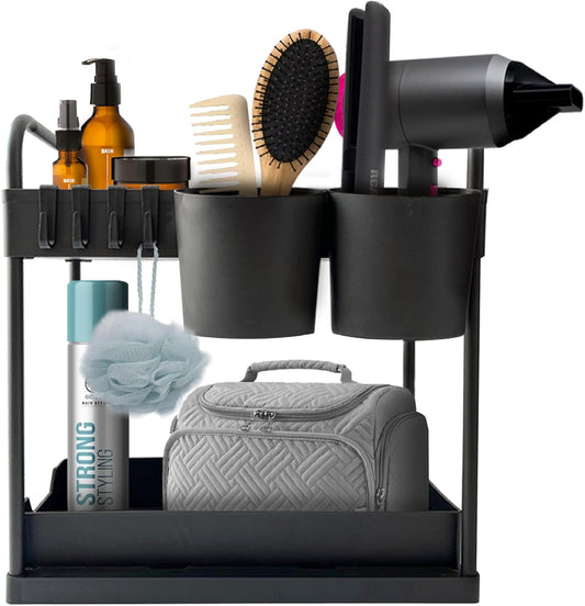 Hair Organizer , Hair Tools Organizer ABS Plastic with 2 Levels to Organize , Sliding Basket for Easy Access , Organizer for Straightener , Blow Dryer , Curler , Hair Care and Styling Tool Storage