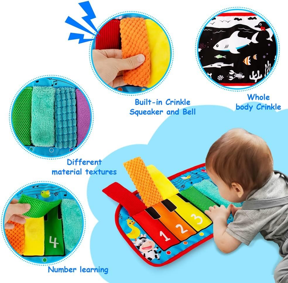 Inbeby Tummy Time Mirror Toy & Play Activity Cinrkle Mat, Black and White High Contrast Baby Newbron Toys 0 3 6 Months Brain Development, Snesory Texture Piano Infant Toys 0 3 6 Months with Squeaker