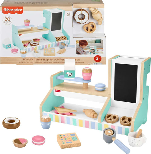 Fisher-Price Wood Pretend Play Coffee Shop & Toy Register, 20-Piece Wooden Food Playset for Preschool Kids Ages 3+ Years