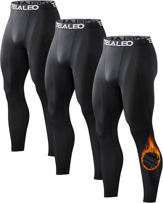 TELALEO 3 Pack Men's Thermal Compression Pants Fleece Lined Sports Tights Athletic Leggings Cold Weather Baselayer Winter Gear