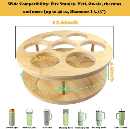 7 Slots Water Bottle Organizer for Stanley Tumbler, Rotatable Stanley Cup Organizer Holder for Kitchen Cabinets, Bamboo Wood Water Bottle Storage Rack for Stanley Cup Accessories