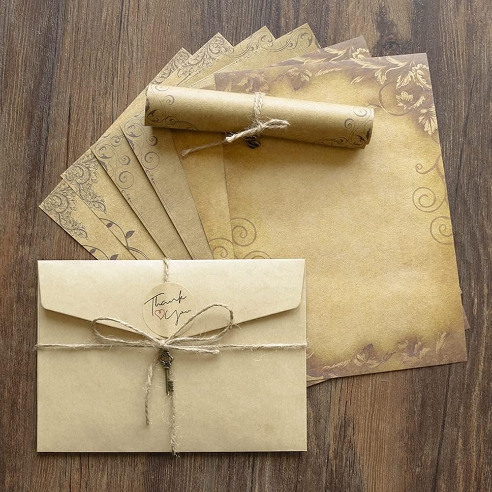 Modixun 96pcs Vintage Paper and Envelopes, Retro Kraft Writing Stationery Paper and Envelopes, Include Antique 32 Papers, 16 Envelopes, 16 Ropes, 16 Pendants, 16 Stickers