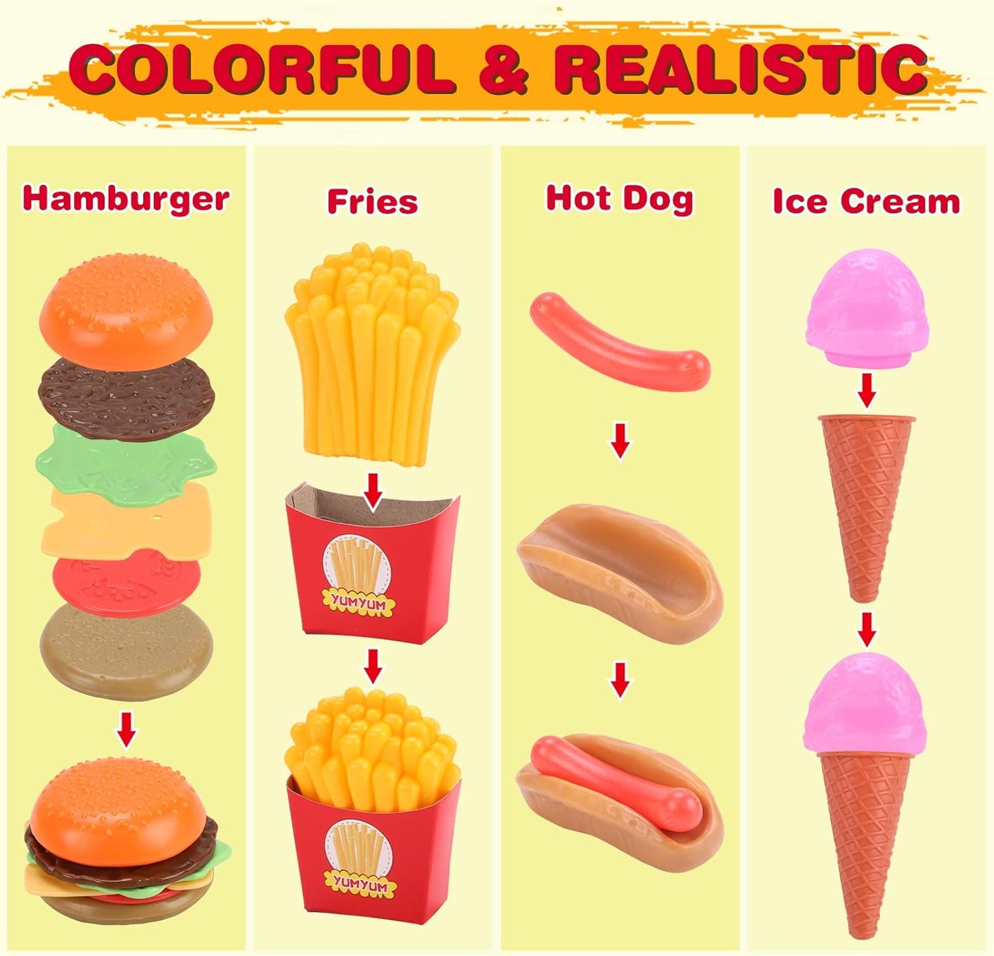 KaeKid 137 PCS Pretend Play Food Toys for Kids Kitchen Accessories Set, Toy Food Assortment, Preschool Kitchen Toys for Kids Girls Boys