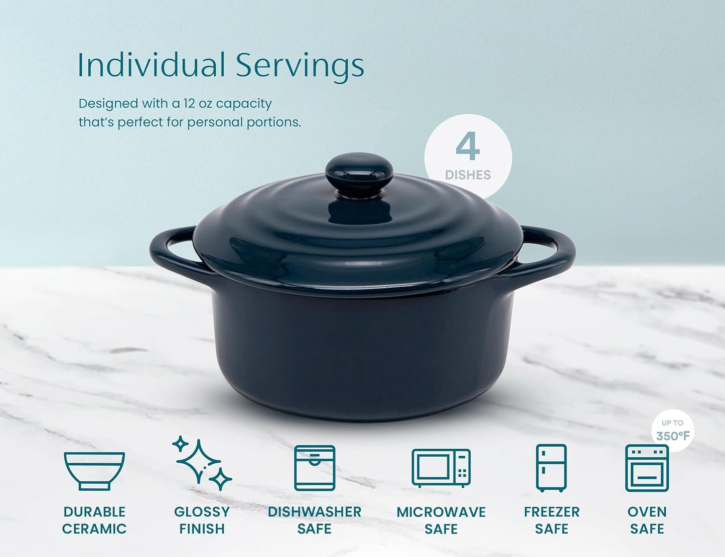 Kook Ceramic Mini Cocotte Set, Small Casserole Dishes with Lids and Handles, Individual Baking Ramekins, Oven, Microwave & Dishwasher Safe, Stoneware, 12 oz, Set of 4, Navy