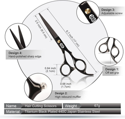 CIICII Professional Hairdressing Scissors, 8 Pieces Hair Scissors Kit (6.7 Inches/Black) & Thinning Scissors & Hair Comb for DIY Hair/Home/Barber
