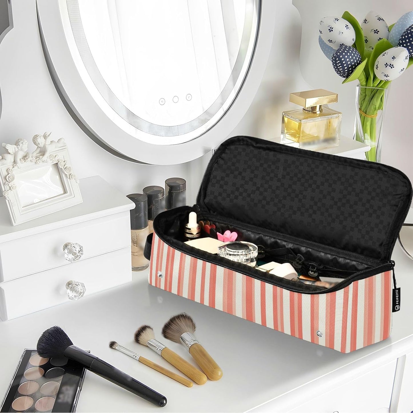 Borsa da viaggio per attrezzi per capelli a righe di salmone scuro per donne con tappetino in ferro portatile custodia da viaggio per strumenti caldi e accessori per la cura dei capelli Borsa da