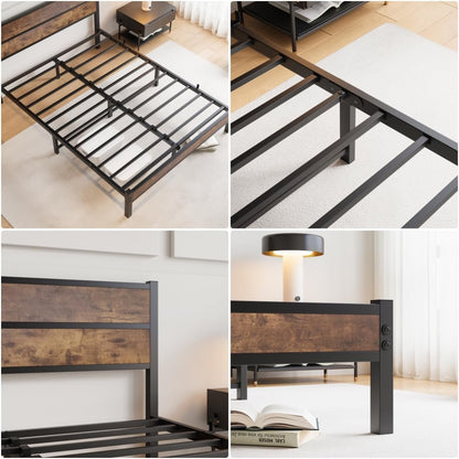 DUMEE Queen Bed Frame with Wood Headboard and Footboard, Metal Bed Frame Queen Size Under Bed Storage, No Box Spring Needed, Enhanced Support Noise Free (Black+Brown Oak)