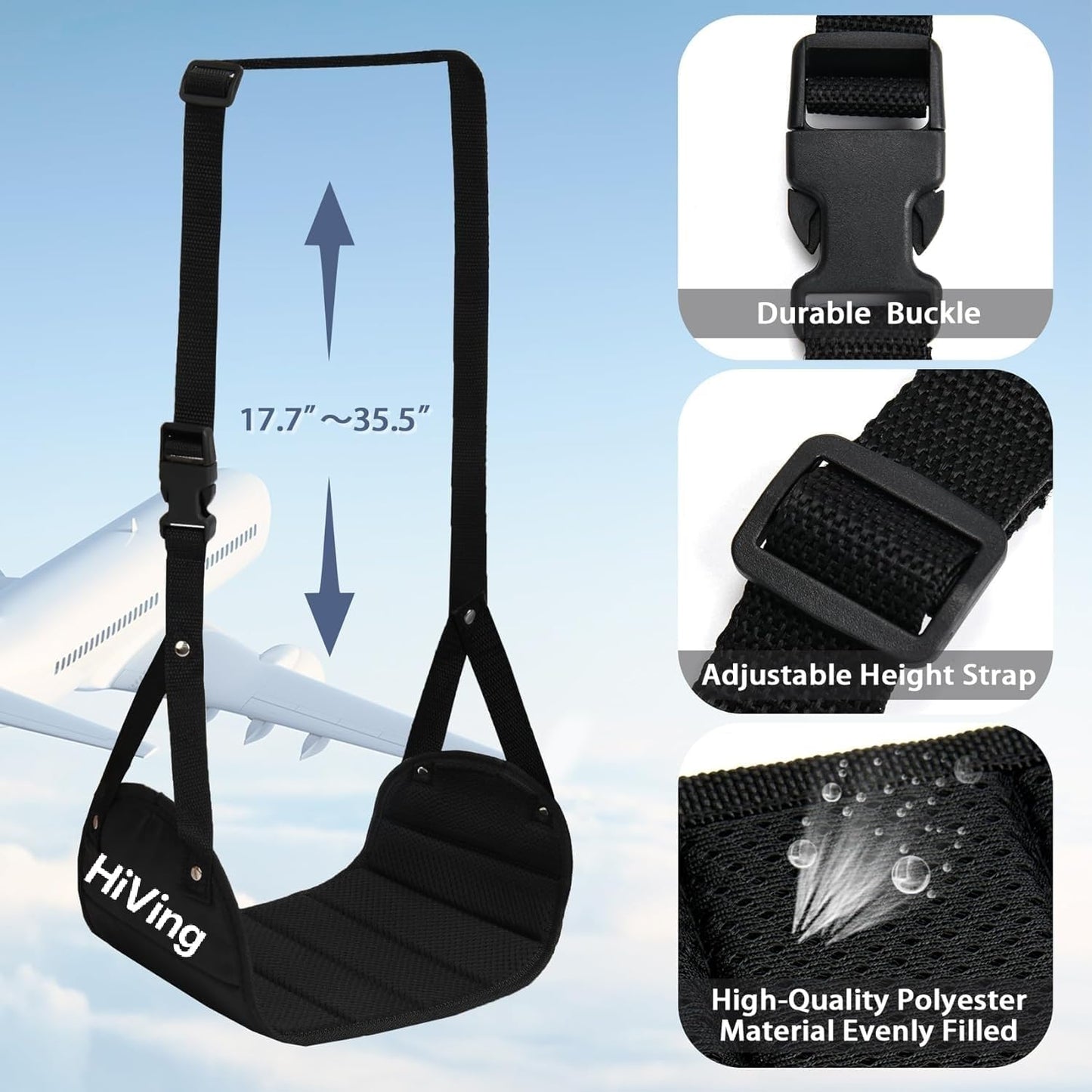 HiVing New Airplane Foot Rest,Portable Travel Footrest Flight Carry-On FootRest Adjustable Height Foot Rest Travel Accessories Footrests Hammock,Black