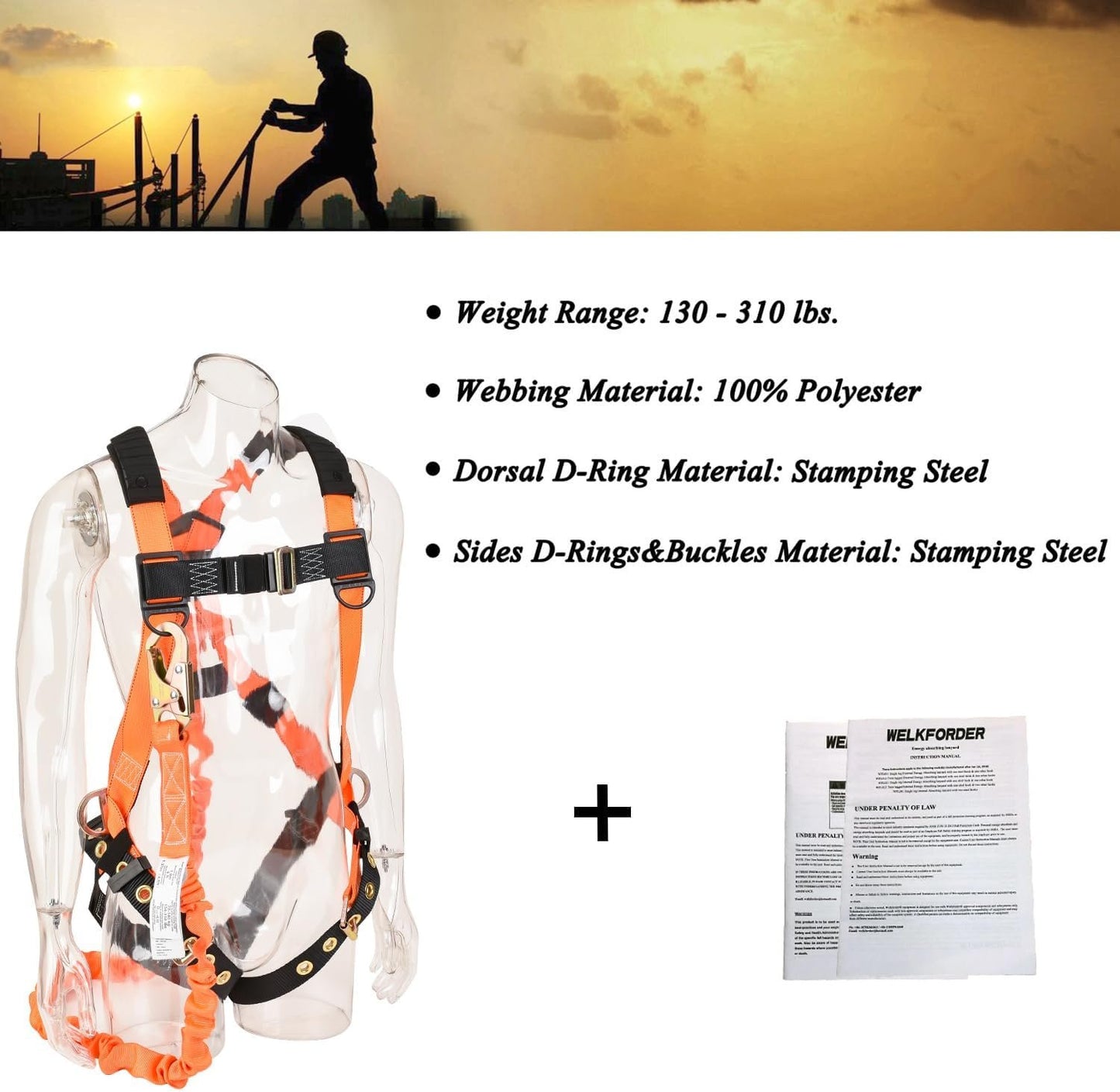 WELKFORDER 3D-Ring Fall Protection Safety Harness [3pt Adjustment＆Leg Tongue Buckles] with 6-Foot Internal Shock Absorbing Lanyard [Snap Hook End] | Permanent attached Kit | CSA Compliant