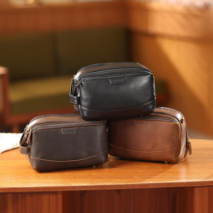 Polare Napa Leather Toiletry Bag for Men Large Travel Cosmetic Case Dopp Kit Shaving Kit Wash Pouch with YKK Zippers (Black)