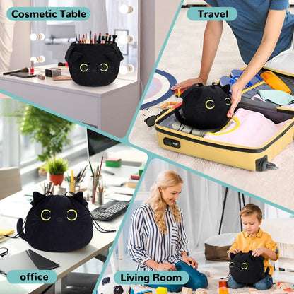 Funny Cat Drawstring Makeup Bag - Large Capacity Cute Travel Toiletry Tote Cosmetic Bag Pouch Organizer - Mothers Day Easter Birthday Christmas Unique Gag Gifts for Women Girls Cat Lovers-Black
