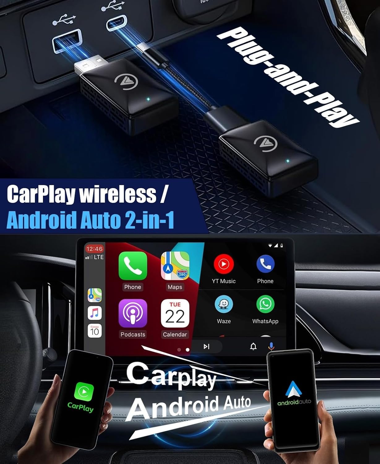 Shiptree CarPlay Wireless Adapter for iOS, 2 to 1 Adapter Convert Wired to Wireless, USB C/A Cable Mini Version, Plug & Play