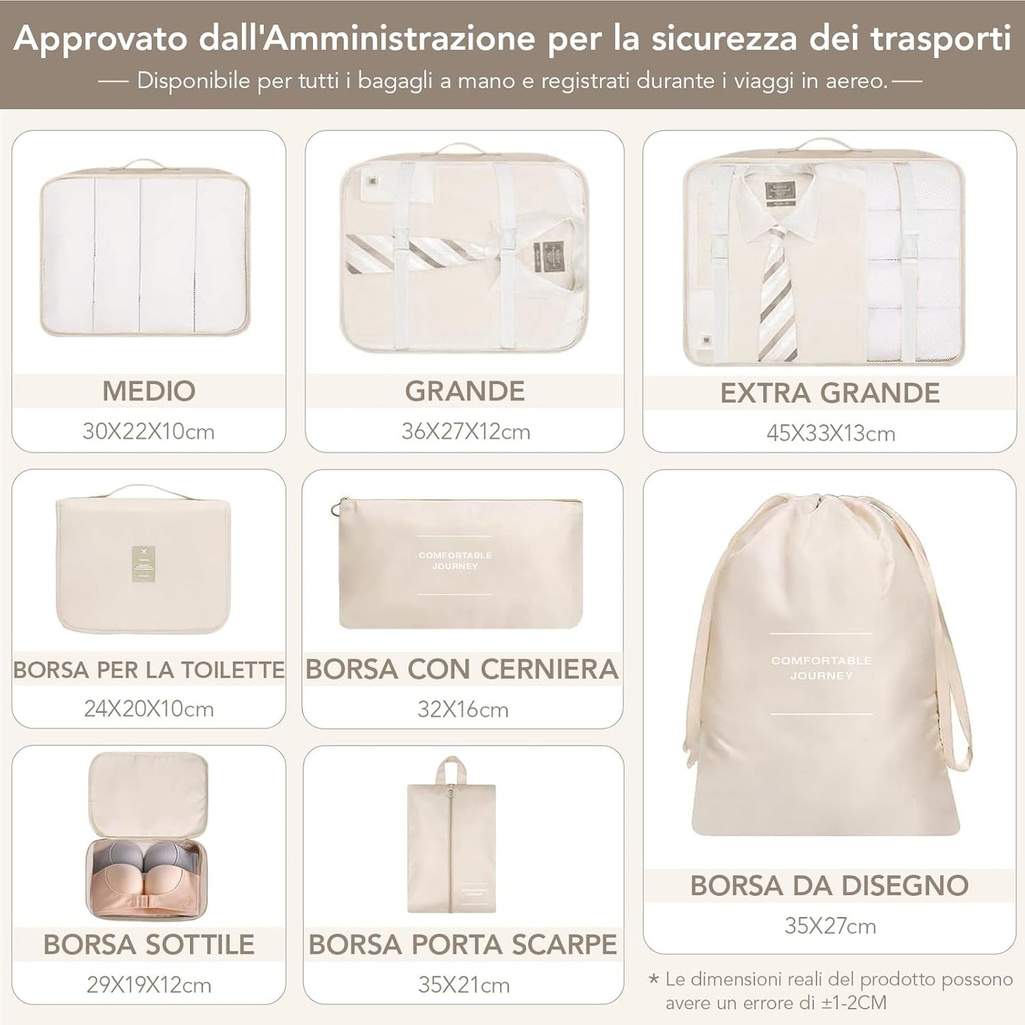 8 Piece Set Suitcase Organizer, 8 in 1 Travel Organizer, Suitcase Organizer, Space Saver, Travel Cube System for Clothes, Shoes, Cosmetics (Beige)