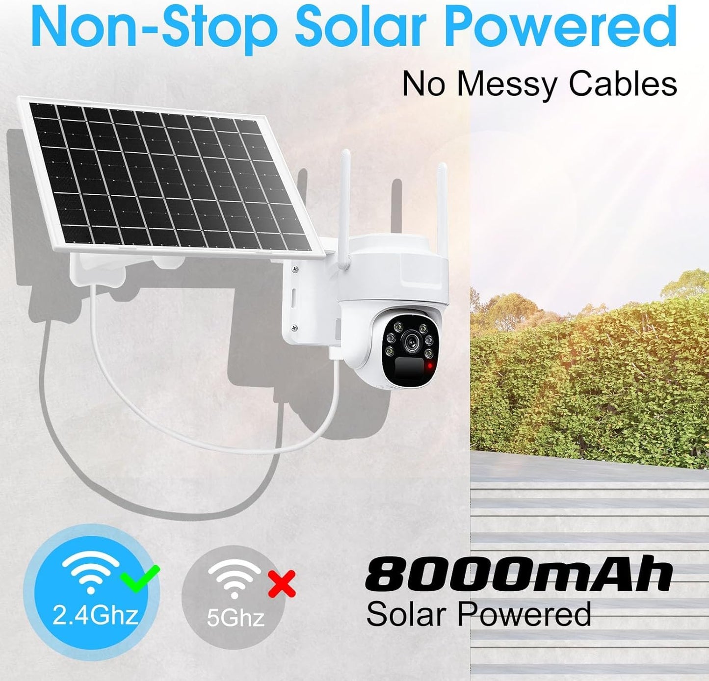 ADVWIN Solar Security Camera, Outdoor Wireless Home Surveillance with Colour Night Vision, PIR Motion Alarm, 2-Way Audio, 2.4G Wi-Fi